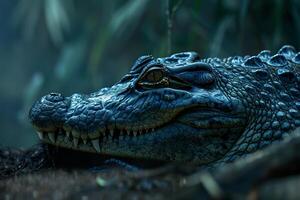 A large alligator is sitting in the grass photo