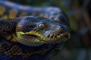 A close up of a snake with its head turned to the side photo
