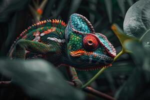 A colorful chameleon is sitting on a branch photo