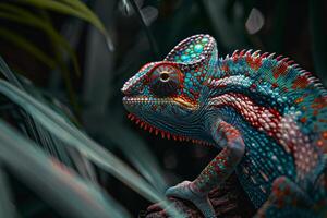 A colorful chameleon sitting on a branch photo