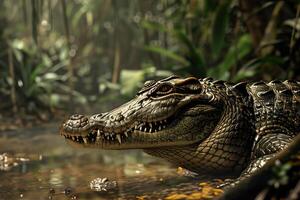 A large alligator is sitting in the water photo