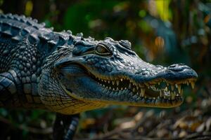 A close up of a large alligator with its mouth open photo