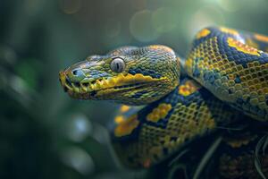 A close up of a yellow and blue snake photo