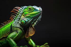 An iguana with bright green and orange colors photo