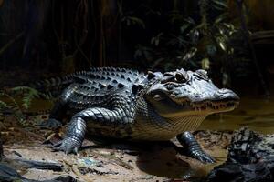 A fake alligator is sitting on a rock photo