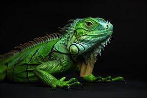 An iguana is painted green and has a black background photo