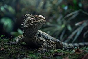 A lizard is sitting on the ground in the forest photo