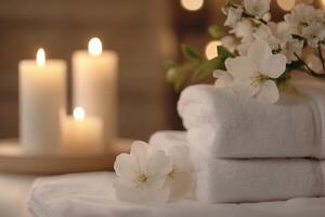 White towels with flowers and candles on a table photo