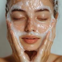 A woman with a face full of soap photo