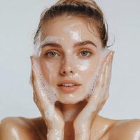 A woman with a face full of soap photo
