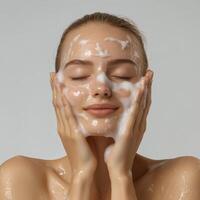 A woman with a face full of foam photo
