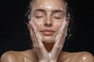 A woman with a face covered in soap photo