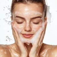 A woman with a face full of soap photo