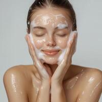 A woman with a face full of soap photo