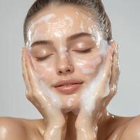 A woman with a face full of foam photo