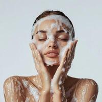 A woman with a face covered in soap photo
