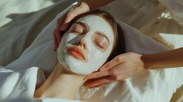 A woman getting a facial mask on her face photo