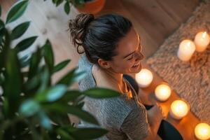 A woman is sitting on the floor with candles photo