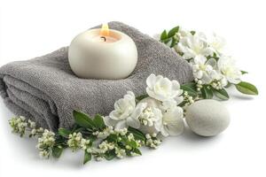 Spa concept with towel, candle and flowers isolated on white background photo