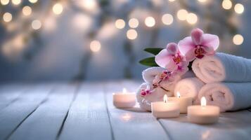 Spa towels and candles on wooden table with bokeh lights photo