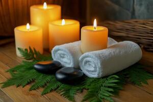 Spa candles and ferns on a wooden table photo