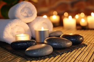 Spa stones and candles on a bamboo mat photo