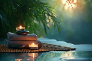 Spa candles and towels on the edge of a pool photo