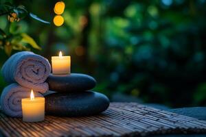 Spa stones with candles and towels photo