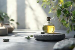 A bottle of olive oil on a stone with a plant in the background photo