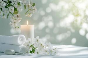 White towels and candles on a table with flowers photo