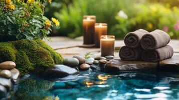 Spa towels and candles in a garden photo