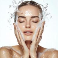 Beautiful woman with clean face and water splashing on her face photo