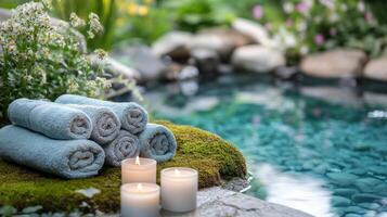 Towels and candles sit on a mossy stone near a pool photo