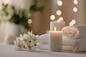 Spa towels and candles on a table photo