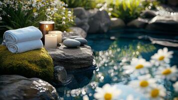 Spa with candles and towels in the garden photo
