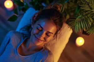 A woman is smiling while laying on a bed with candles photo