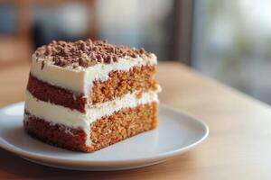 A piece of cake on a plate on a table photo