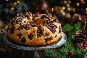 A christmas cake with nuts and raisins on a plate photo