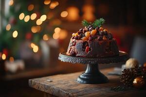 A christmas pudding on a cake stand with a christmas tree in the background photo