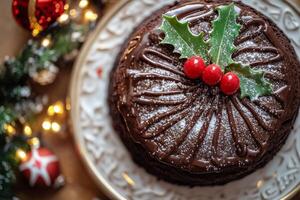A chocolate cake with holly leaves and berries on a plate photo