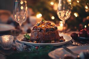 Christmas pudding on a plate with wine glasses and candles photo