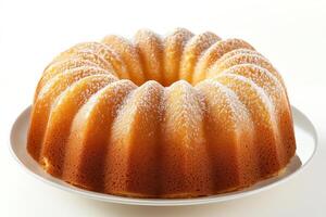A bundt cake on a plate on a white background photo