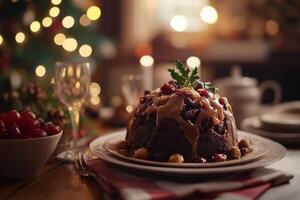Christmas pudding with cranberries and chocolate on a plate photo