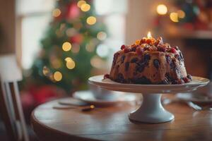 A cake with a candle on top of it sits on a table photo