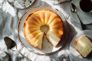 A bundt cake sits on a plate with a fork and spoon photo