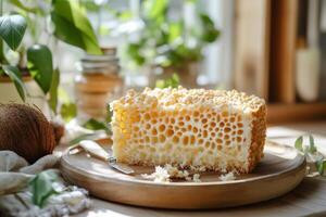 A piece of honeycomb on a wooden plate photo
