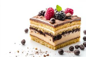 A piece of cake with chocolate chips and berries photo