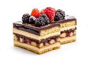 A piece of cake with berries and chocolate photo