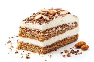 A piece of cake with cream and almonds photo