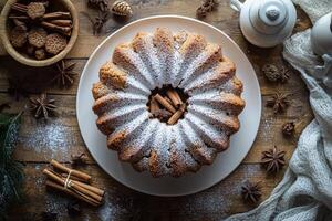 Christmas cake with cinnamon and spices on a wooden table photo